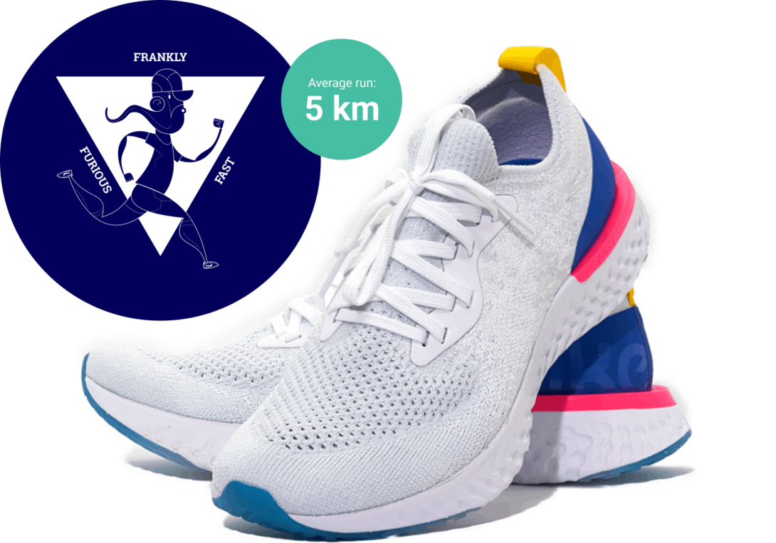 Running club – a pair of running shoes, the running club logo and a label saying average run 5 km