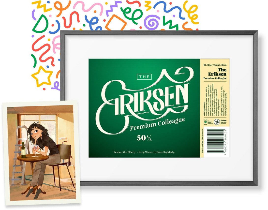 Poster of Eriksen's 50-year old birthday and an illustration of a women