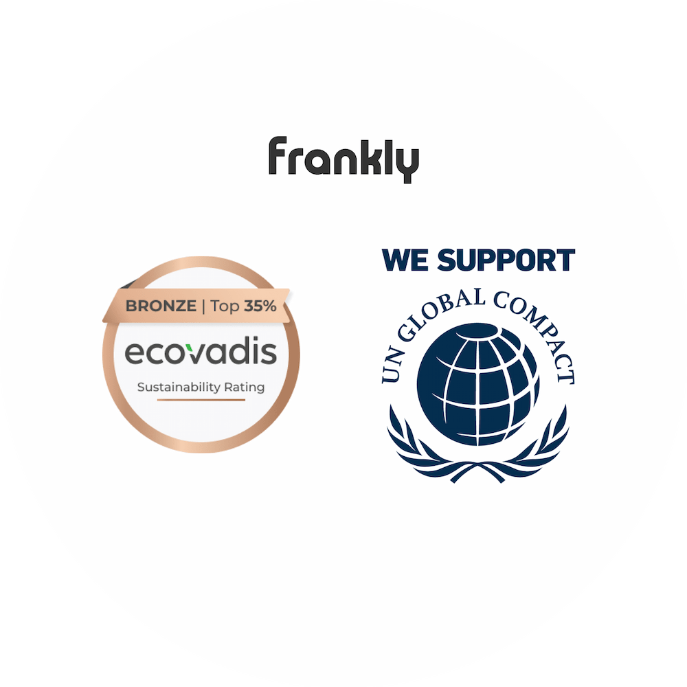 Frankly logo alongside the EcoVadis logo with a banner across saying "Bronze - top 35%", and the UN Global Compact logo with the text "We Support" right above.